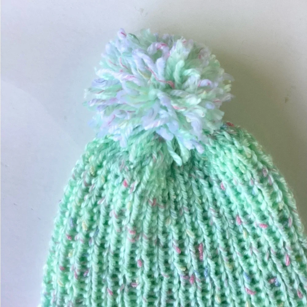 Hat Beanie Baby Pom Pom Green White Knit Pastel Spring Easter